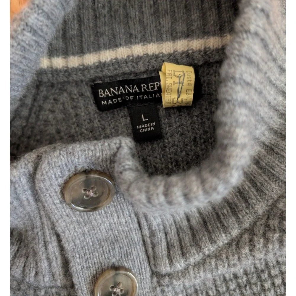 Banana Republic Sweater Mens Large Italian Yarn Waffle Knit Wool Henley Grey
